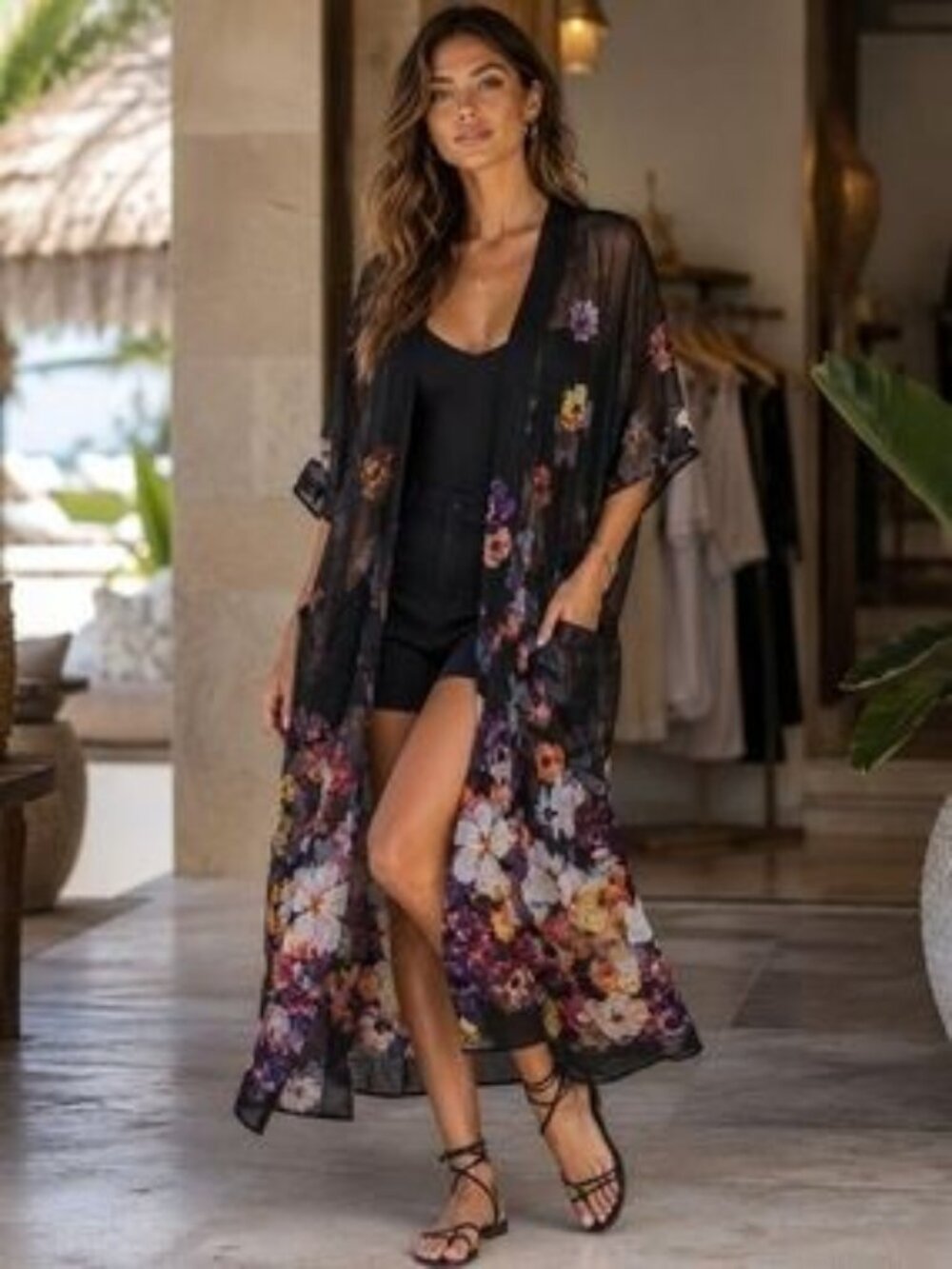 RACHEL ZOE Floral Print Duster Kimono Black One Size O/S